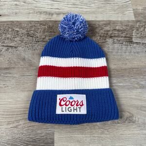 Coors Light Knit Men's Beanie Hat Blue Red White Striped Pom Winter Logo